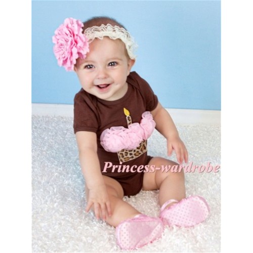 Brown Baby Jumpsuit with Pink Leopard Birthday Cupcake TH144 